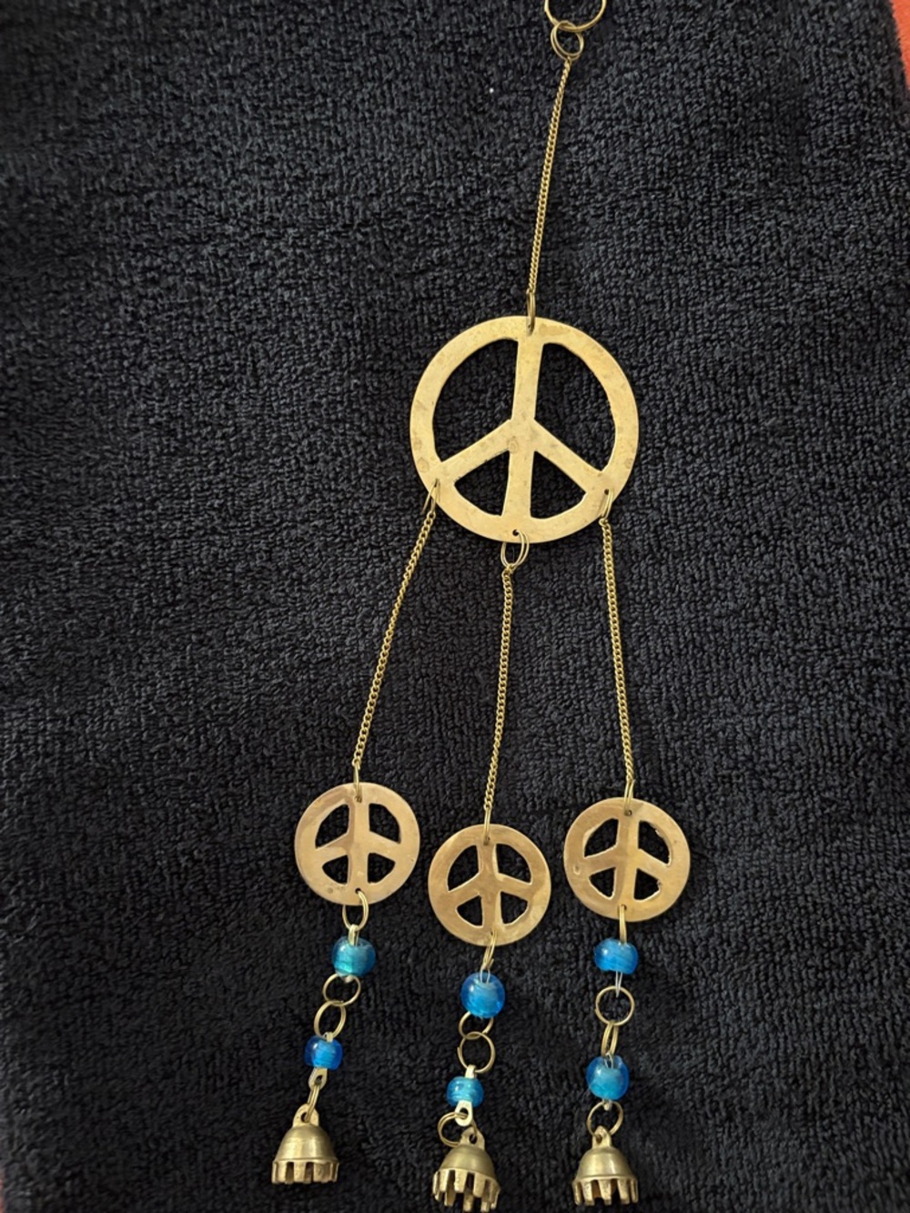 Gold-Tone Peace Sign Dangle Necklace with Blue Beads - Women Jewelry